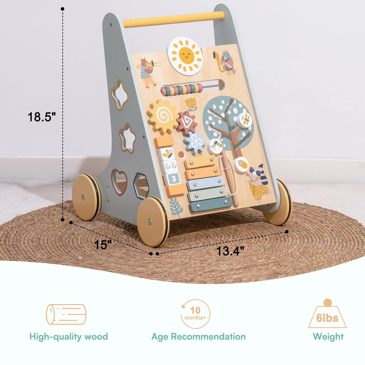 Wooden Baby Walker with Activity Center and Storage