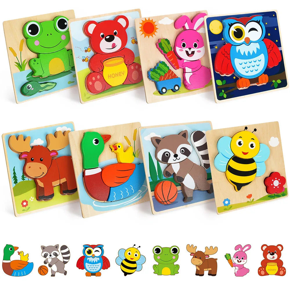 8 Pack Animal Wooden Puzzles Toys
