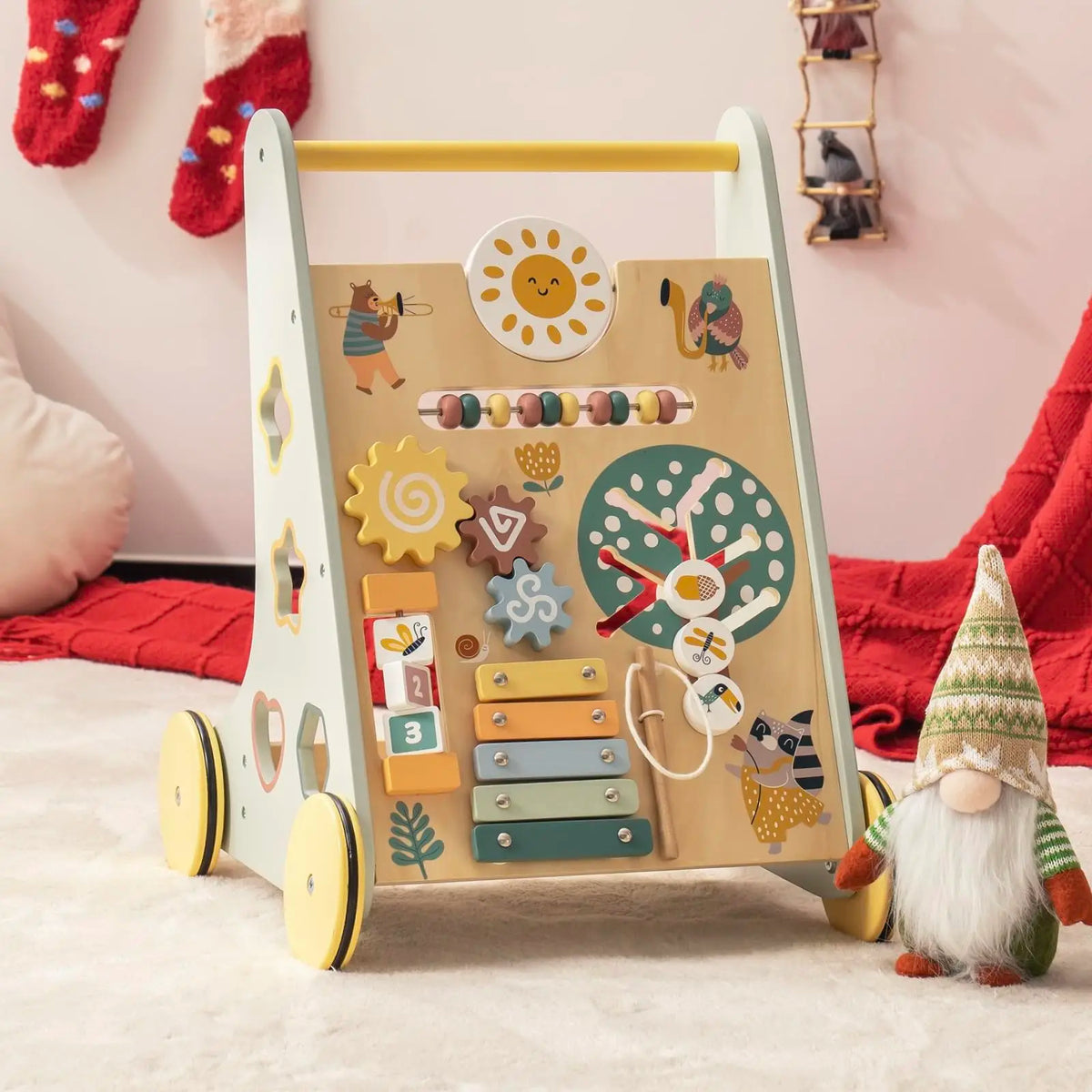 Wooden Baby Walker with Activity Center and Storage