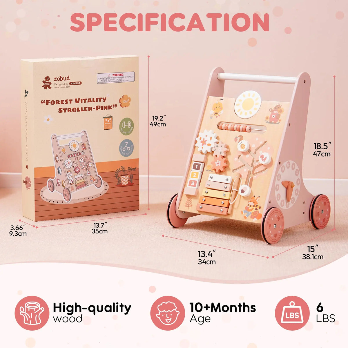 Wooden Baby Walker with Activity Center and Storage
